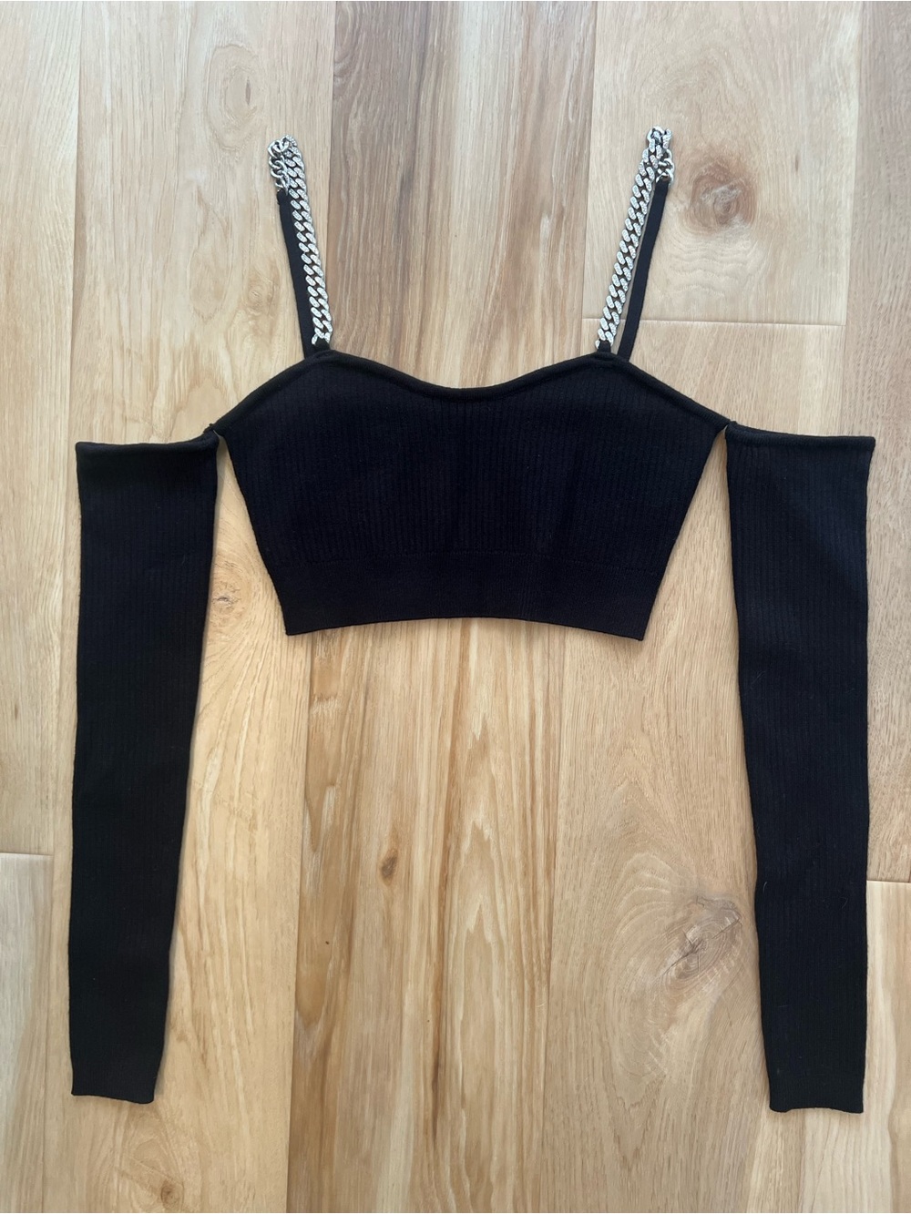 Lichi Black Ribbed Open Shoulder Crop Top with Chain Straps XS